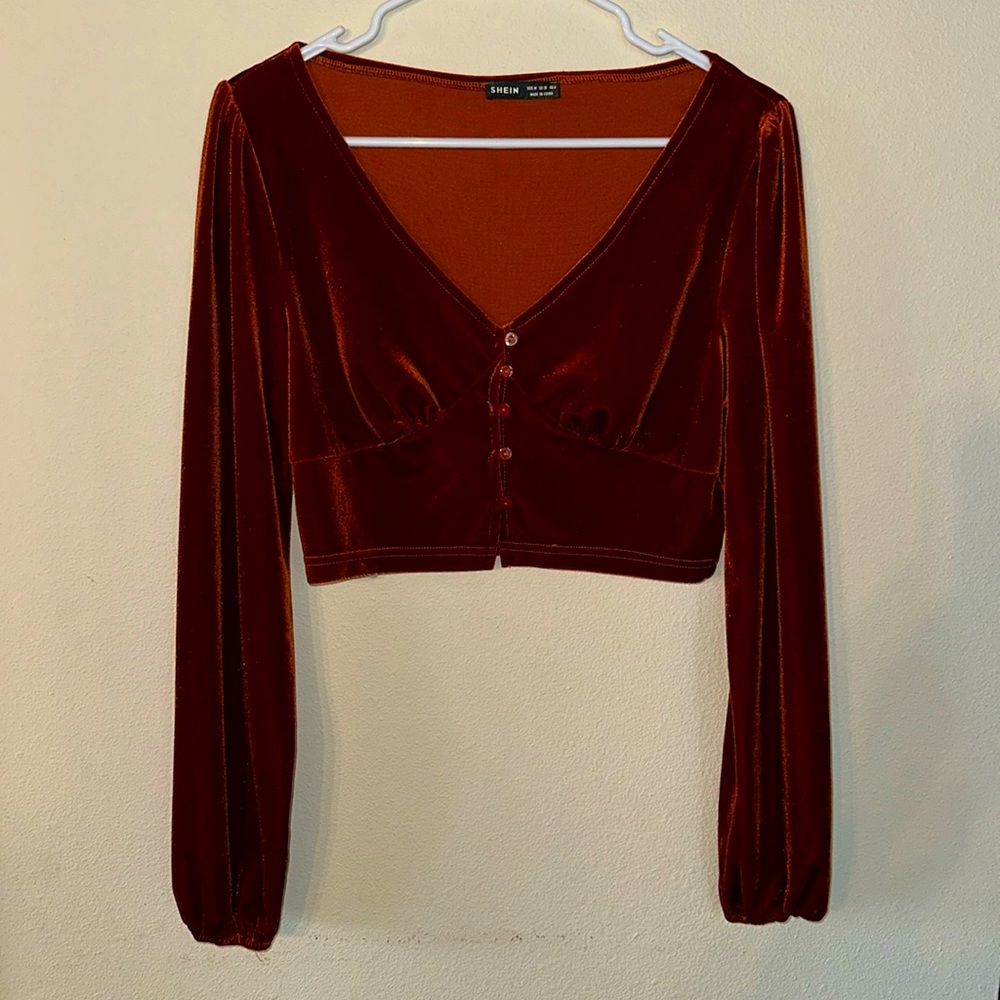 SHEIN Velvet Long Sleeve V Neck Crop Top Women’s Size M - Picture 1 of 6